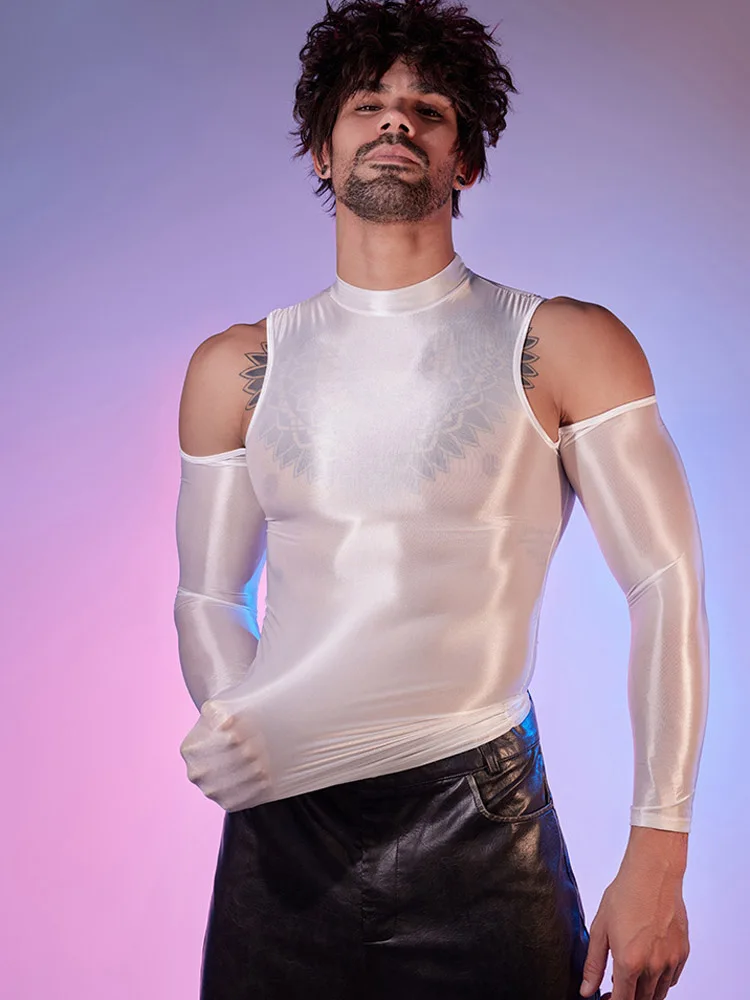 Long Sleeve Fashion Off Shoulders T-Shirts for Men Oil Glossy Shiny Yoga Tight Tops Elastic Shapewear Breathable Cosplay Tees