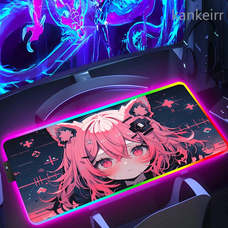 Imagem -04 - Anime Girl Rgb Mouse Pad Brilho Led Kawaii Computador Laptop Gamer pc Acessórios para Jogos Bonito Cool Desk Mat Xxl