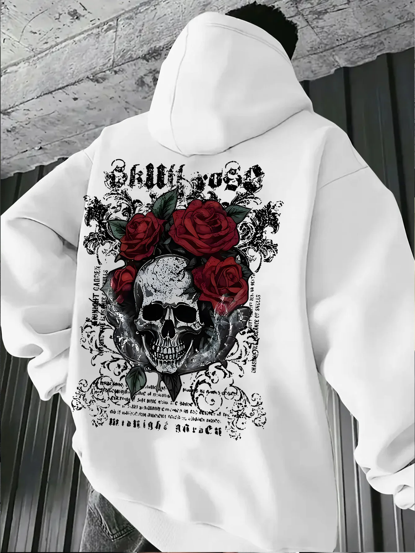 Gothic dark aesthetic men's hooded sweatshirt with distressed skull and rose art pattern print, comfortable and casual style