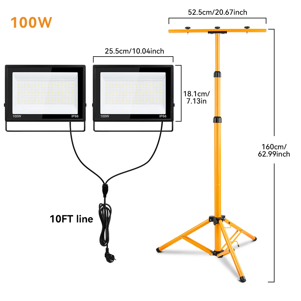 200W/100W Arbeitsleuchten mit Ständer IP66 Wasserdicht Outdoor LED Tragbarer Flutlichtstrahler Einstellbar für Baustelle Garage Werkstatt