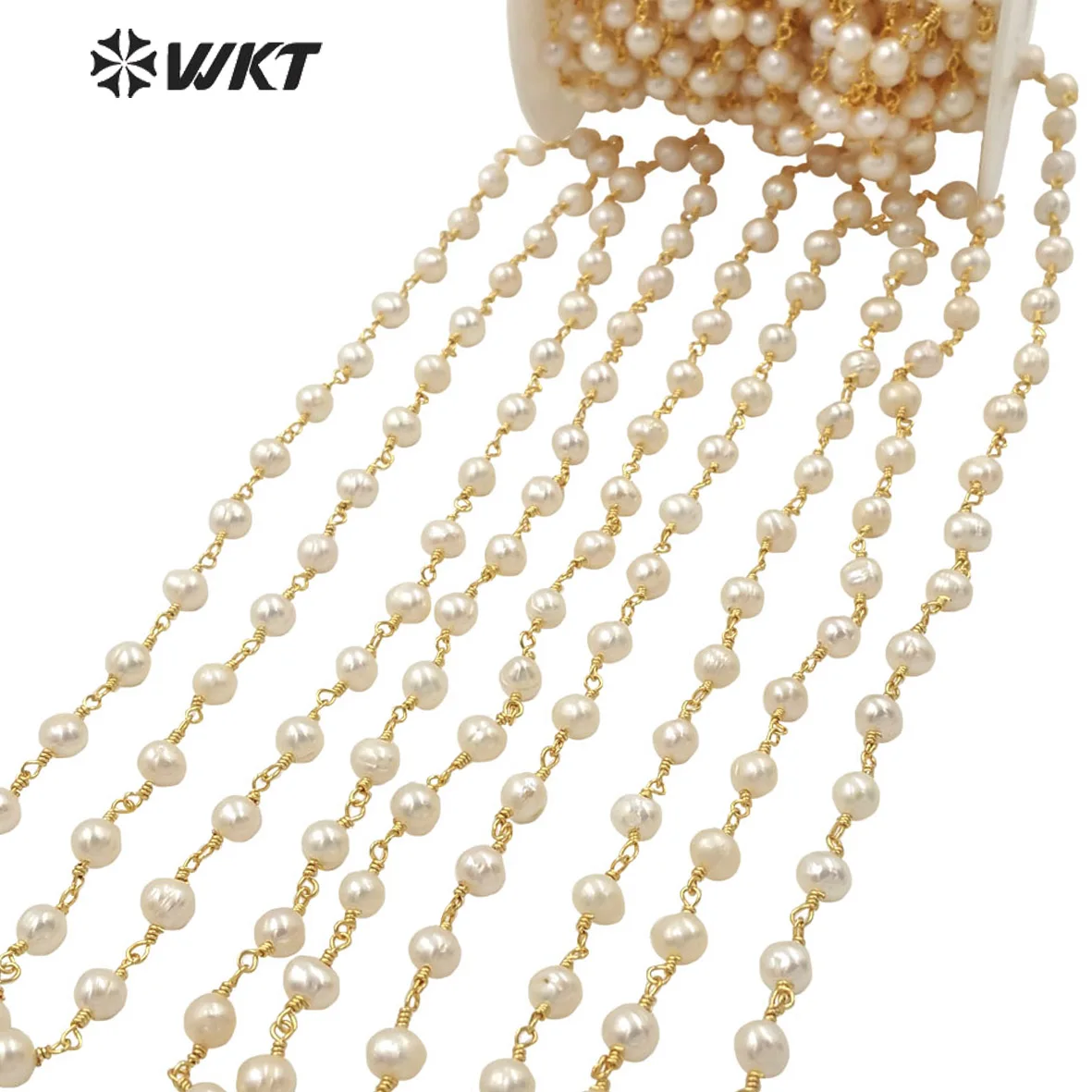WT-RBC032 Wholesale Natural Freshwater Pearl Chain 5-6mm wire wrapped Beads Rosary Handmade chain For Women necklace by meter