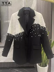 Donne eleganti autunno nuove perle perline giacca Blazer medio lungo colori misti vestibilità ampia ufficio signore vestito cappotto capispalla festa