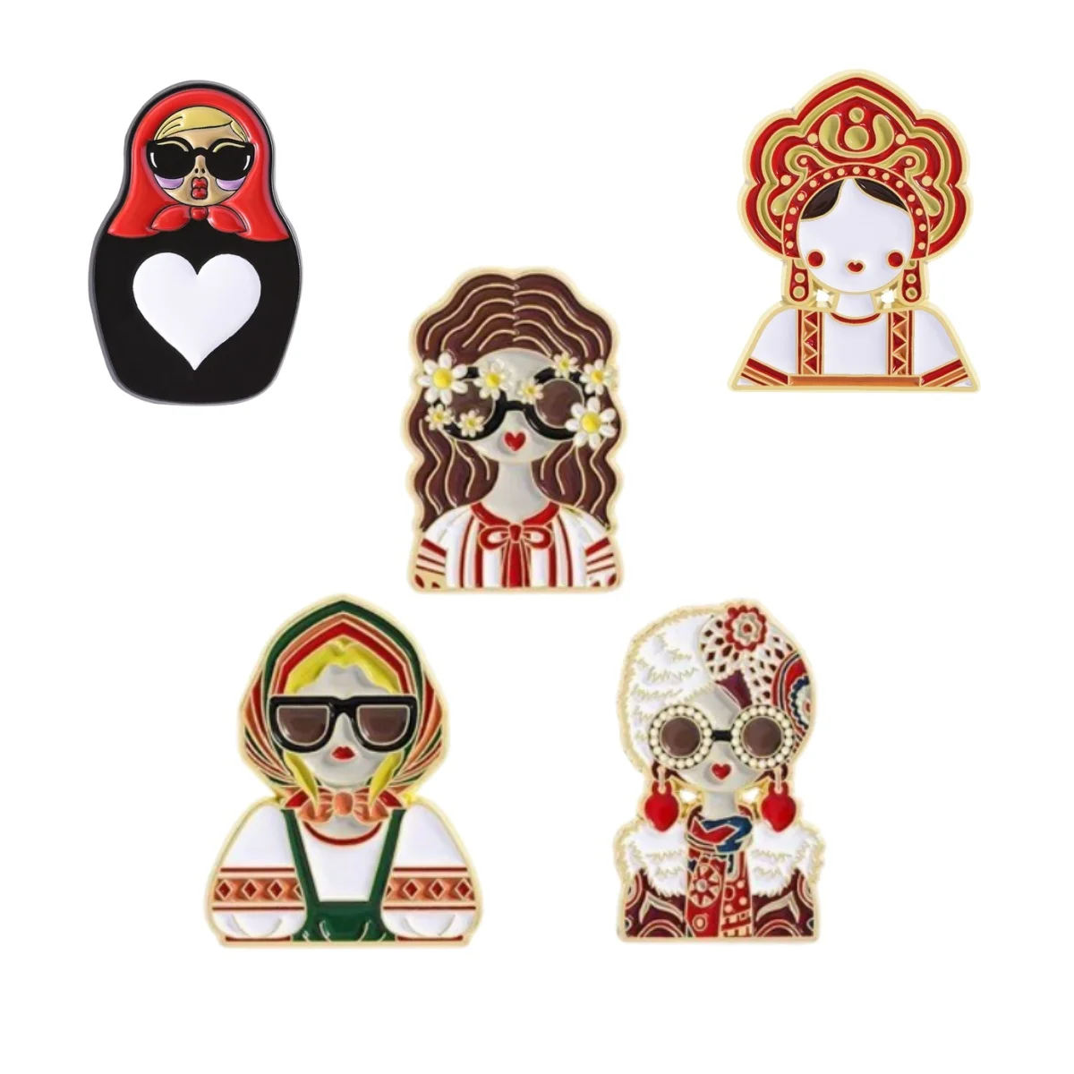 

5 PCS Russian Nesting Doll Enamel Pin Collectible Matryoshka Brooch, Cultural Gift for Friends & Lapel Badge Jewelry