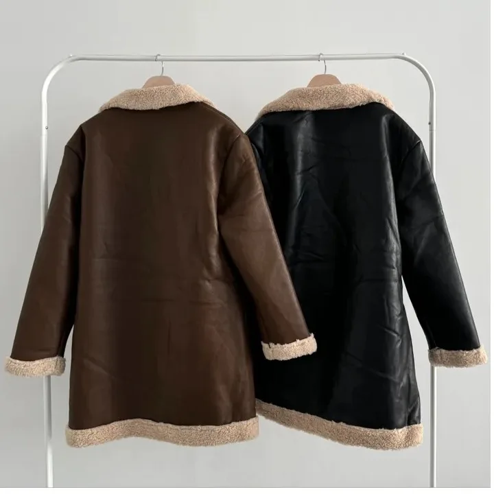 معطف شتوي نسائي من Thiened Fce مبطن متوسط الطول من الجلد Jaet بتصميم كوري أنيق من جلد eepskin طويل Sve #5