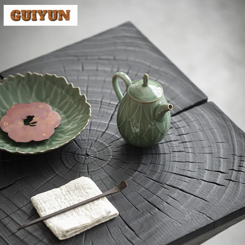 180ml Yue Kiln Plum Blossom Celadon Teapot Handmade Relief Lotus Petal Pot Antique Tea Maker Kettle with Strainer Teaware Gift - Image 4