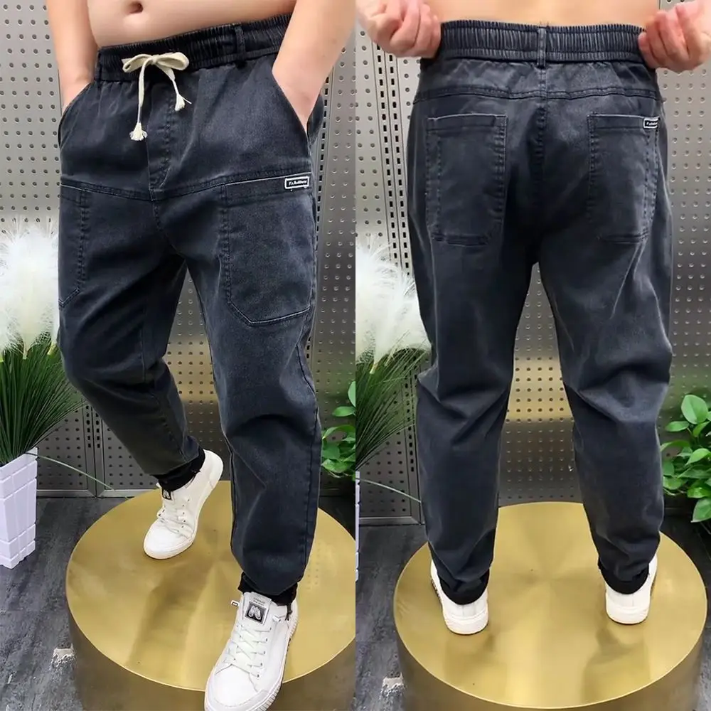 Designer Streetwear Washed Men Luxury Baggy Men's Elastic Waist Denim Jeans Six Pockets for Spring Autumn Harem Trousers Male