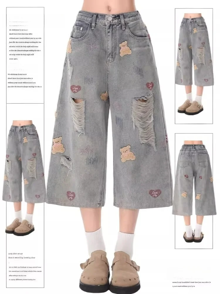 

Женские джинсы с вышивкой в стиле ретро, свободного кроя, с высокой талией, широкими штанинами, длиной 7/8, повседневные, летние