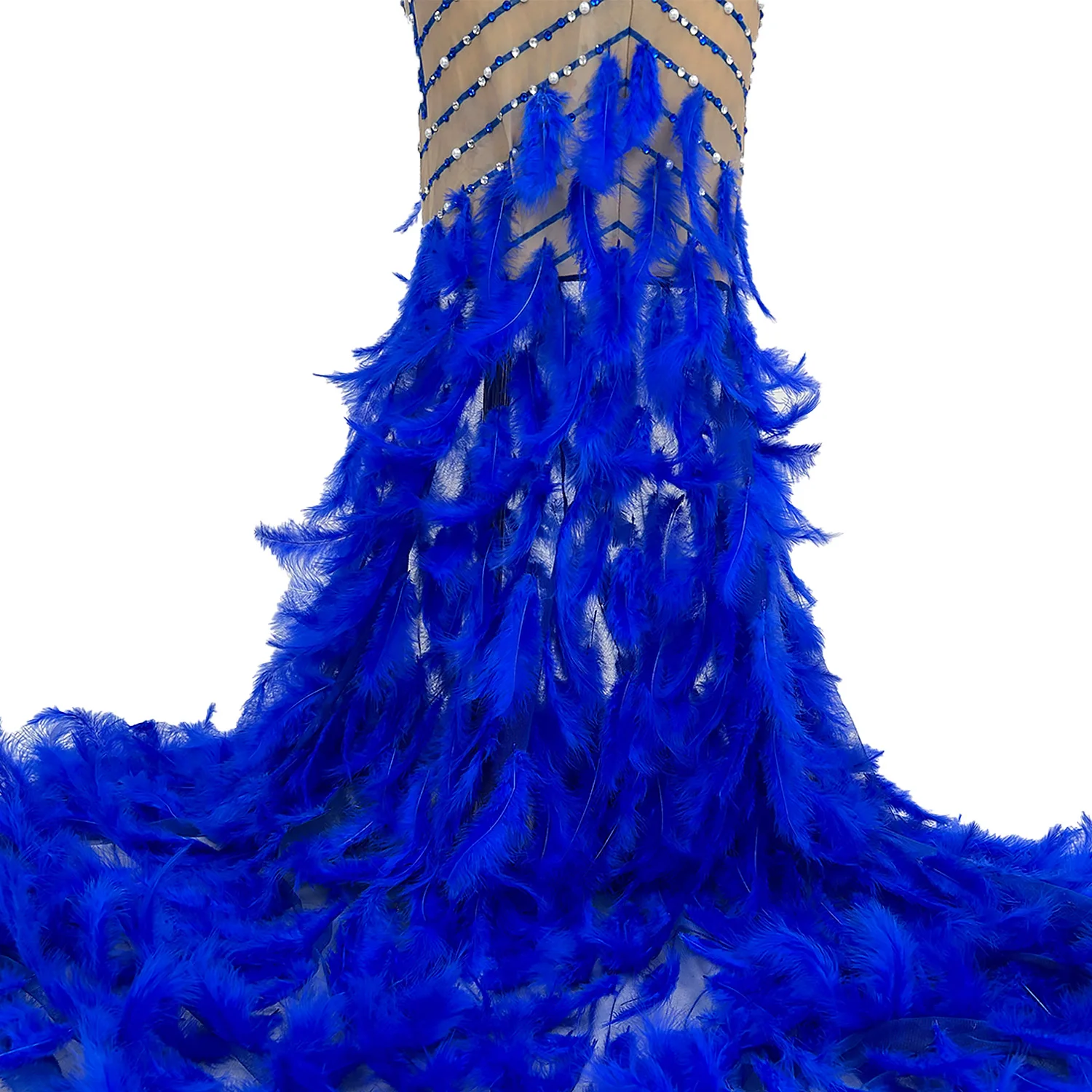 Sexy Nightclub Stones Long Tail Dress Costume Sparkly Pearls Feather Dress Blue Prom Birthday Celebrate Dress Set Fentiyumao