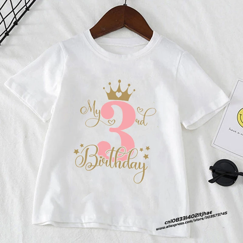 Kids T Shirt Birthday Numbers 1-10 Crown Shirt Summer Girls Birthday Tops White Short Sleeve Wild Tees Children Party Clothes