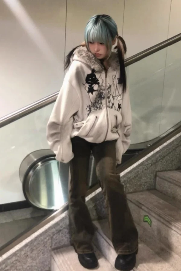 

​​Y2K Women's Sherpa Hoodie Jacket Bunny Ears Drop Shoulder Oversized Dirty Grey Plush Fleece Winter Loungewear Unisex​​