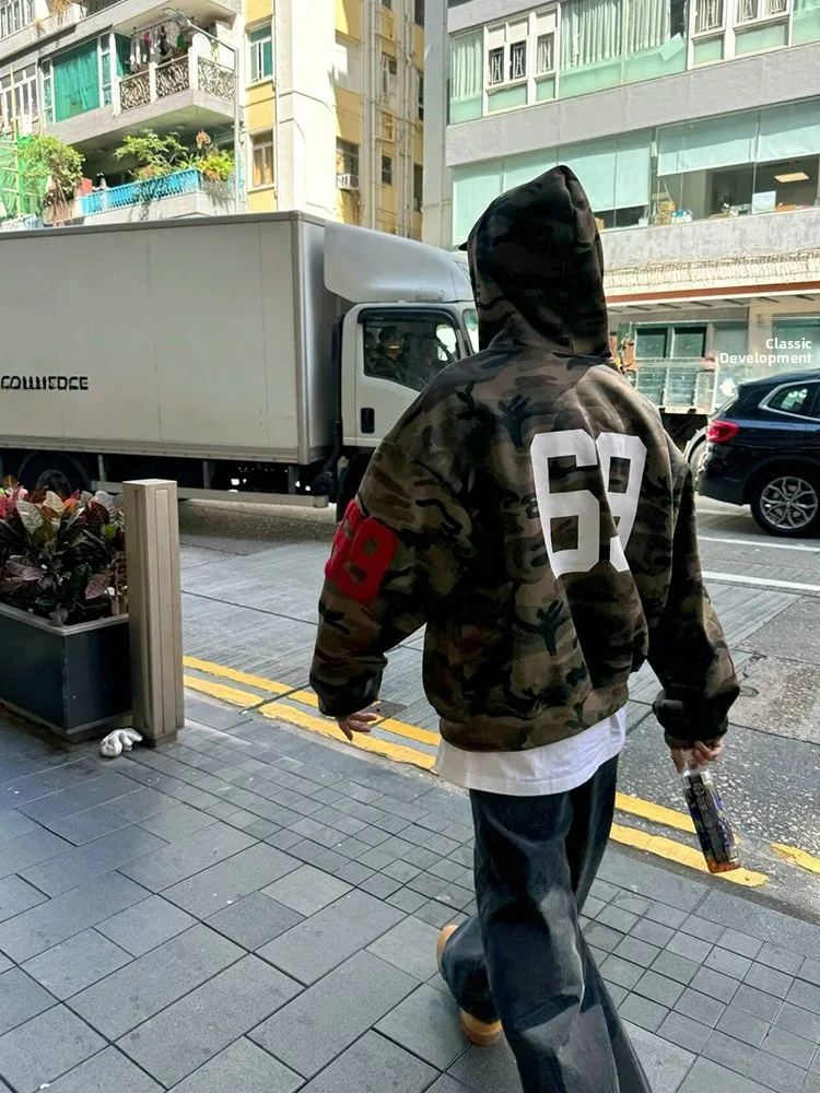 

EAHO2024 American Retro Embroidered Camouflage Fce Hoodie ex Loose Fit Versatile Hat Sweatirt Outerwear
