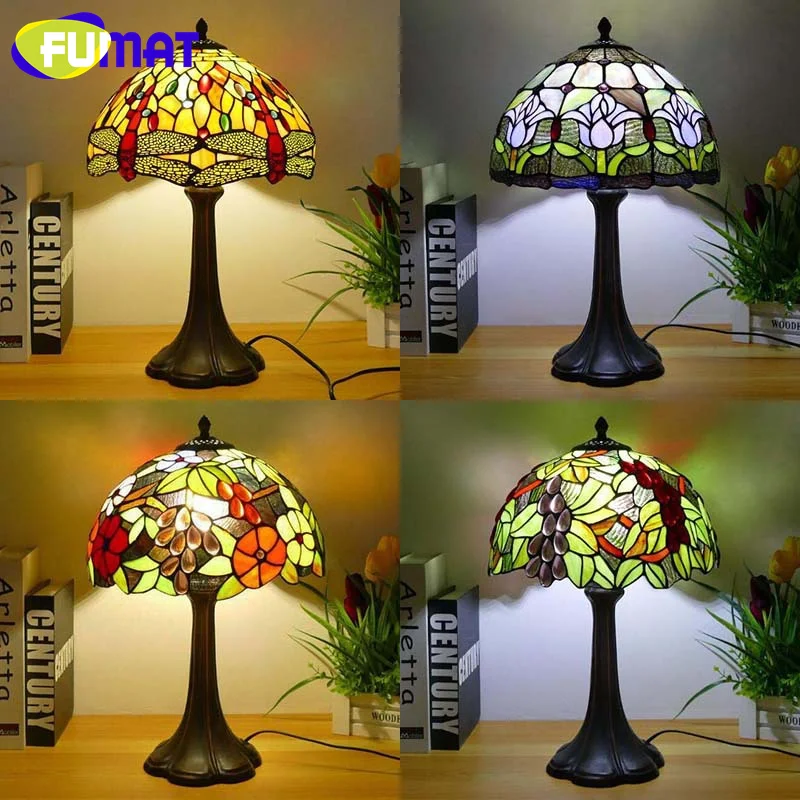 FUMAT Tiffany style stained glass American retro table lamp for living room bedroom bedside lamp restaurant cafe LED decor