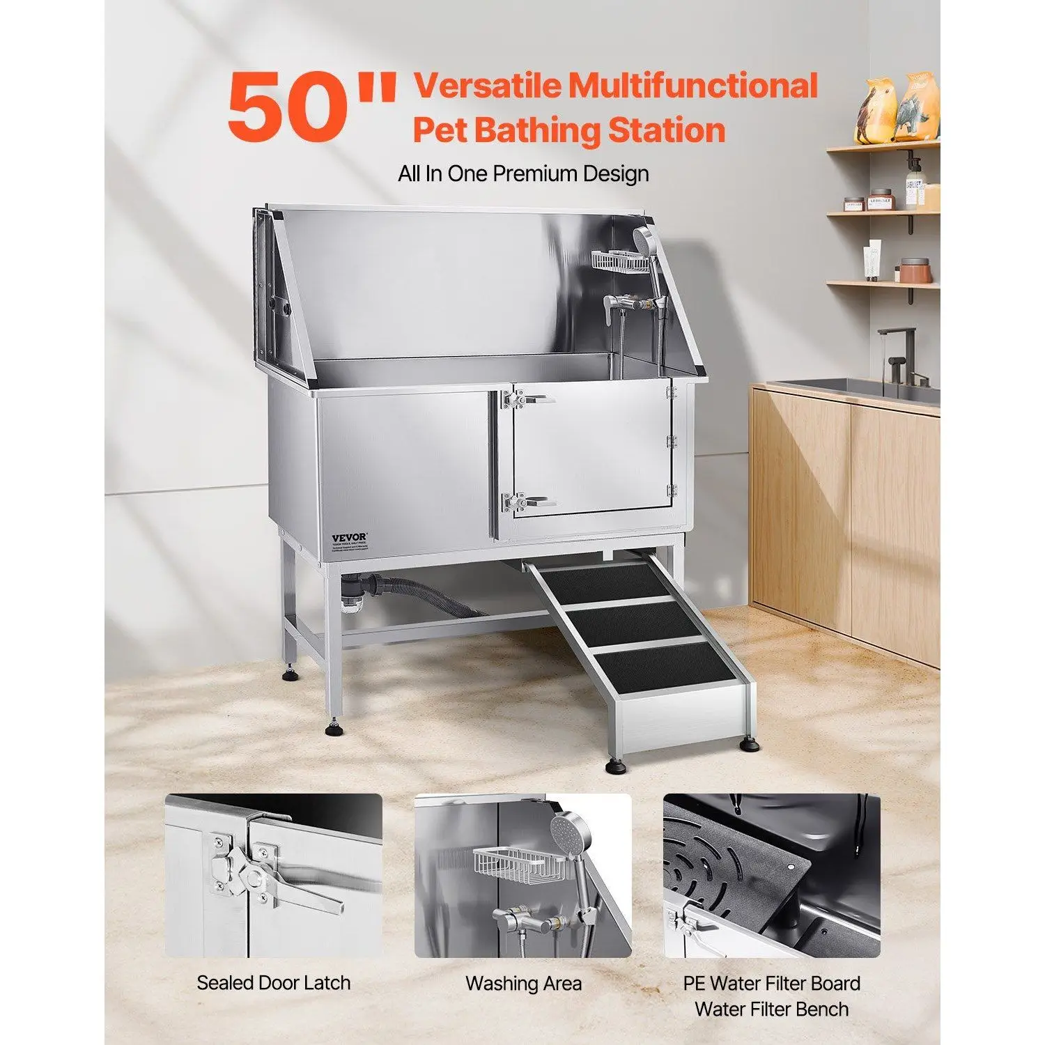 50-Inch Stainless Steel Dog Grooming Tub Ramp PE Water Filter Board Faucet Showerhead Soap Holder 50-Inch Pet Cleaning Bathing
