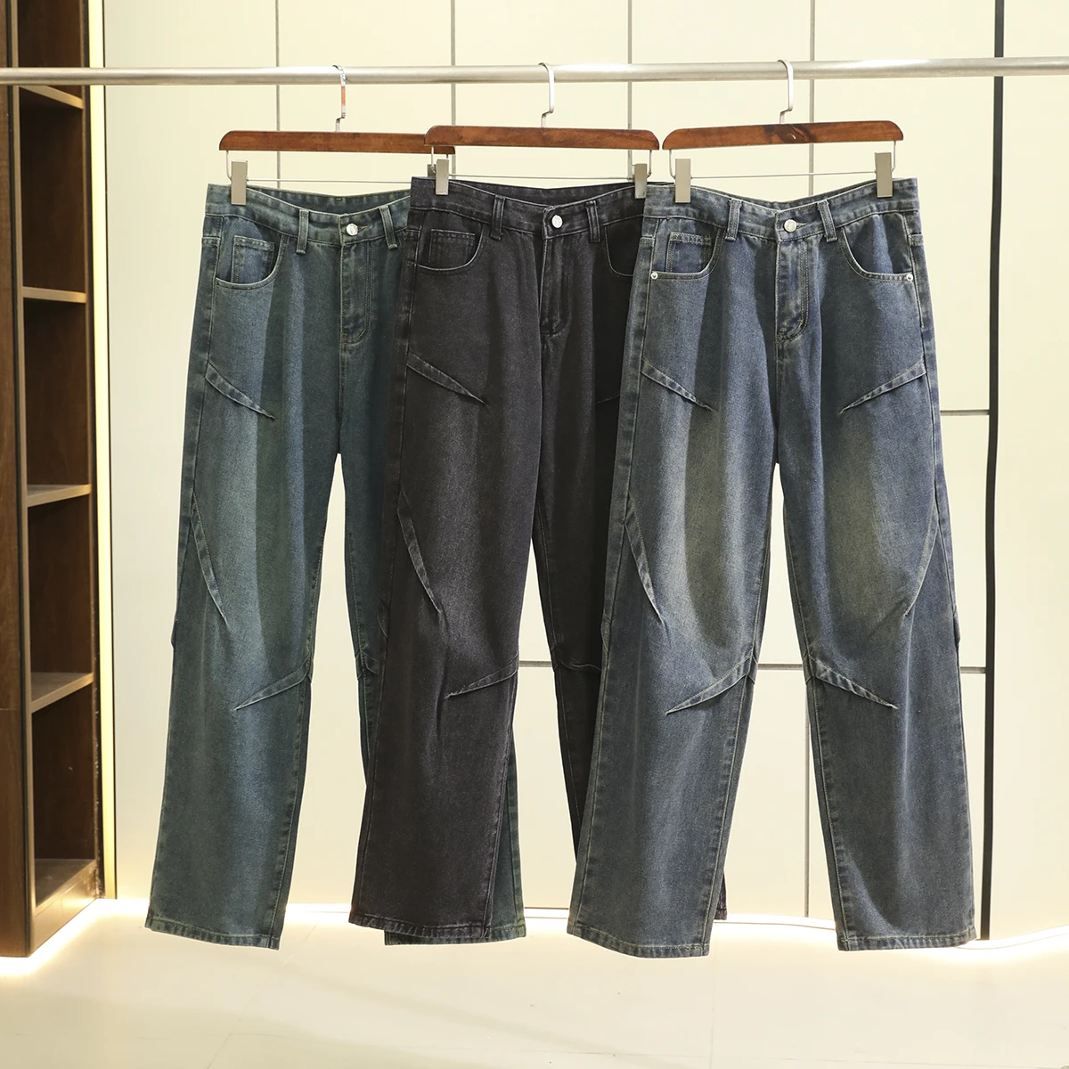 

Heavy Du Waed 3D Tailored Men's Casual Jeans Long Pants Faion Urban Sle Cotton Blend Fabric Straight Leg Fit Modern Wind