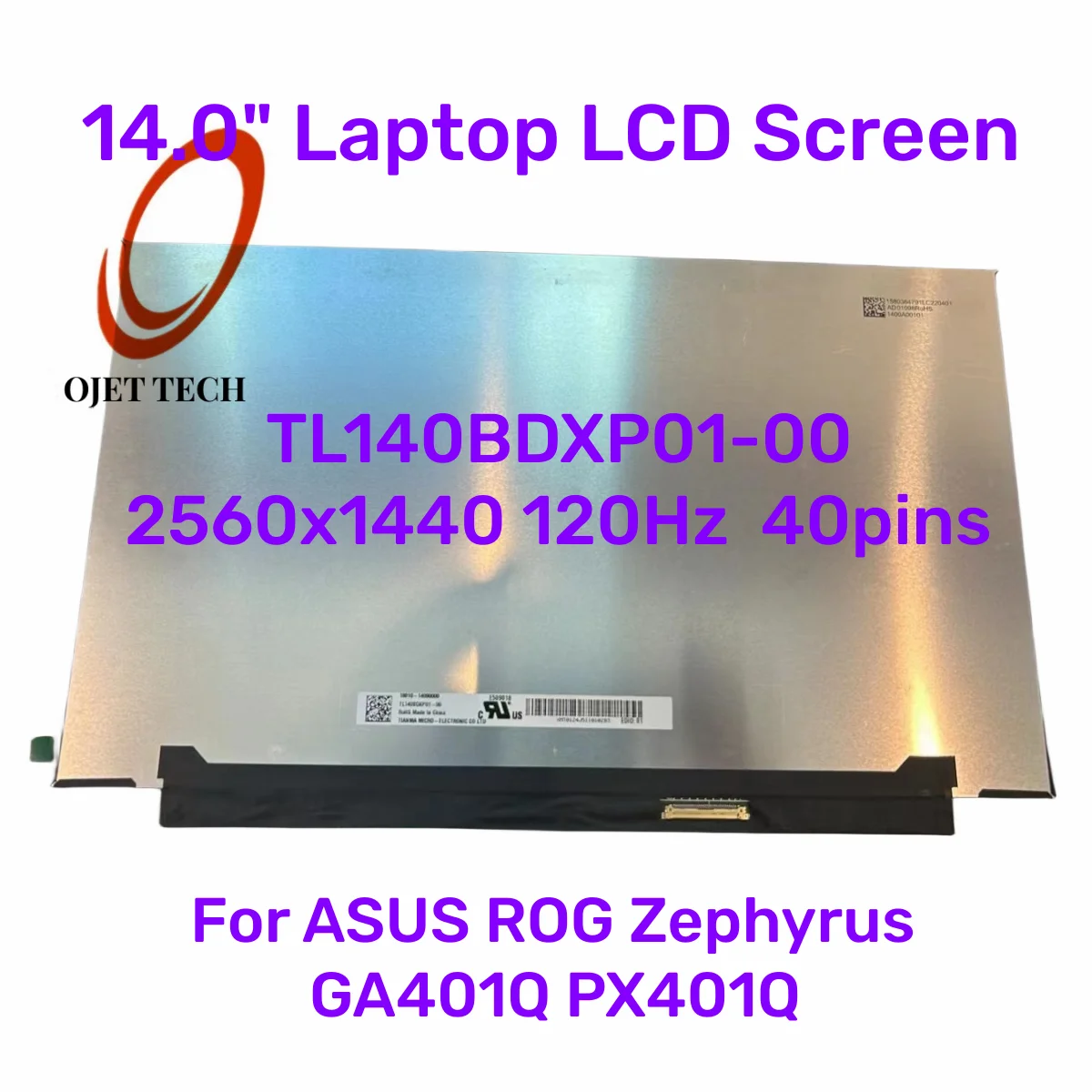 Tela Lcd do Portátil 120hz Tl140bdxp01 Tl140bdxp0100 para Asus Rog Zephyrus Ga401q Px401q 2560x1440 120hz Display 40 Pinos Edp 14.0