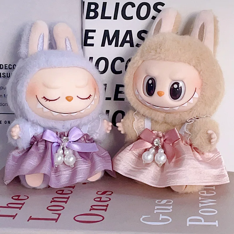 

17CM Pendant Labubu Doll 17cm Labubu Generation 1 2 and 3 Macaron Color Pink and Blue Satin Camisole Dress Sitting Posture