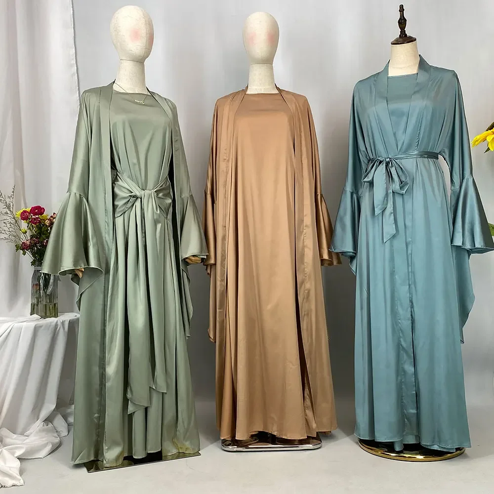 

Ид Femme Longue Одинаковый комплект Женское мусульманское платье Атласное открытое кимоно Абая Кафтан Ислам Одежда Джалабия Рамадан Халат Kebaya Платье