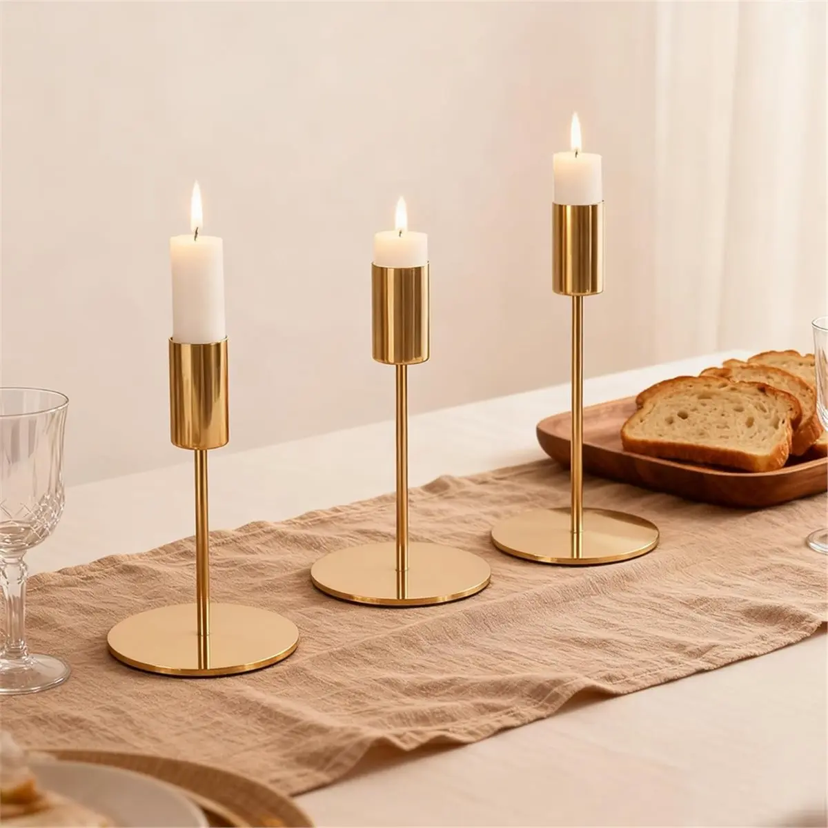 Time Saving Set of 3 Gold Candle Holders, Taper Candles,Decorative Vintage Candle Holder,for Birthday Meals, Anniversary, Weddin
