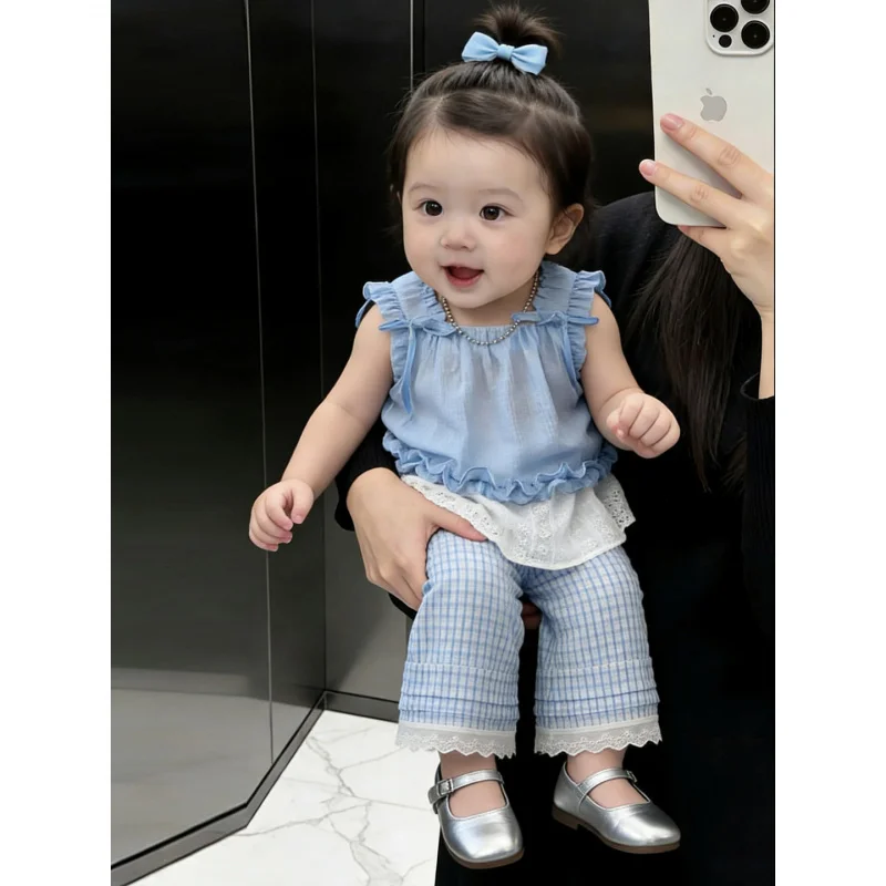 

Girls Suit2026Spring/Summer New Baby Girl Blue Fresh Bowknot Vest Dress Two-Piece Set with Plaid Pants