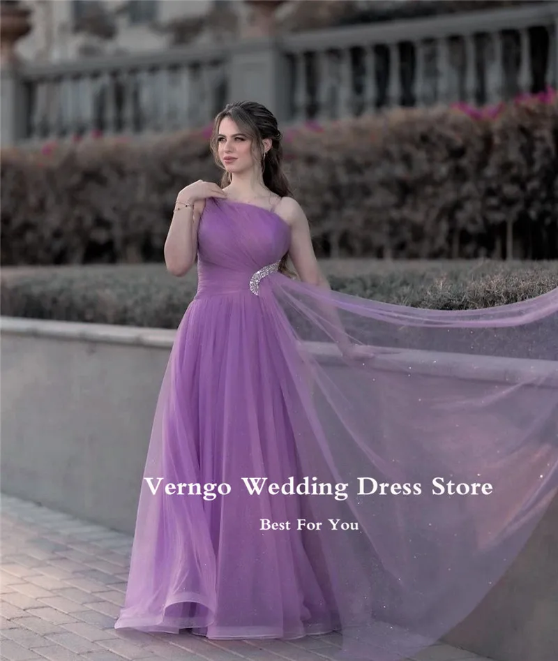 

Verngo Glitter Shiny Purple Dubai Women Prom Dresses One Shoulder Tulle Evening Gowns Sparkly Long Formal Party Dress 2023