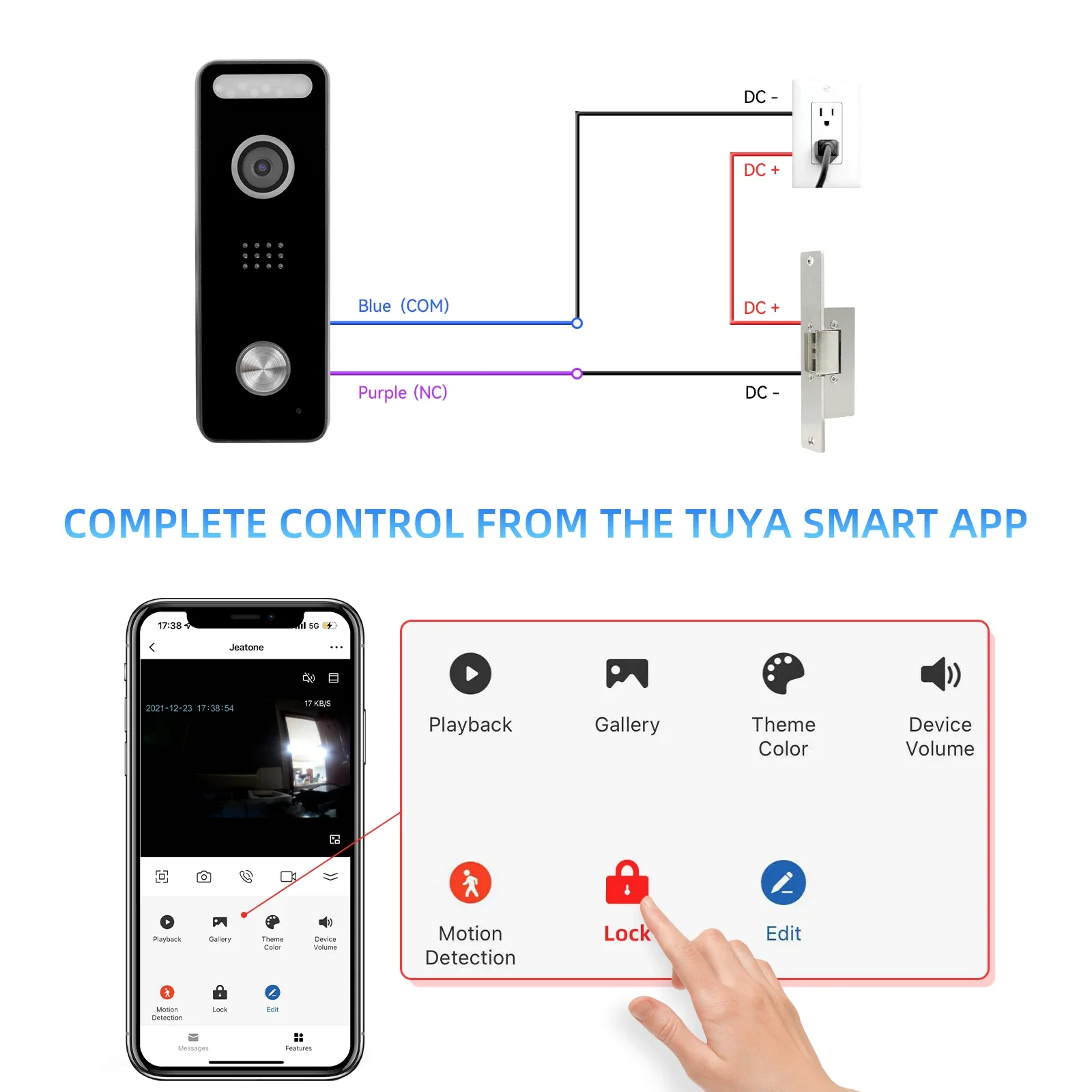 Jeatone-campainha de vídeo inteligente para casa, campainha sem fio, impermeável, visão noturna, detecção de movimento, porteiro de vídeo, tuya, wi-fi, 1080p