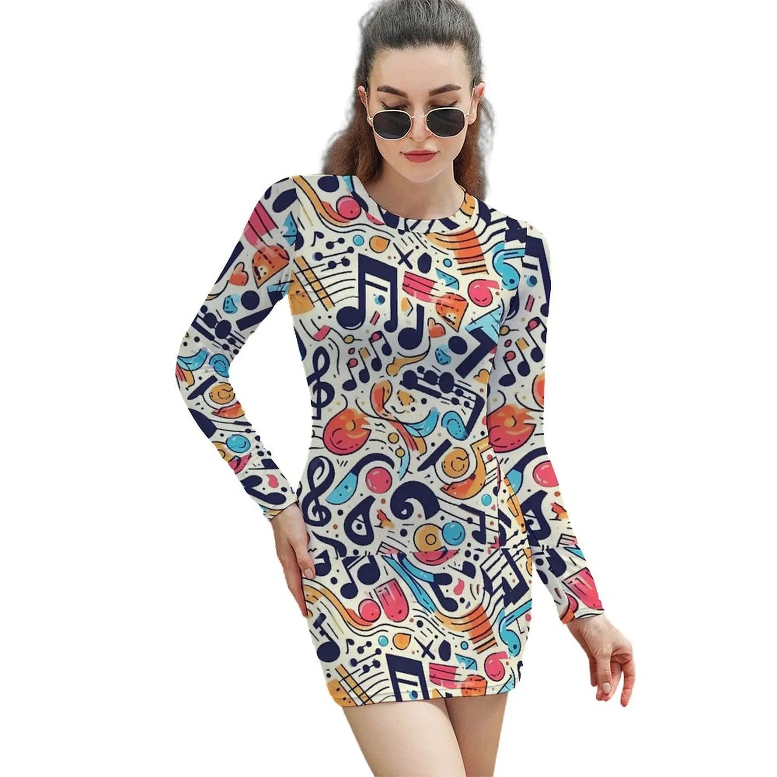 Music Note Colour Style Dress Long Sleeve  Cute Dresses Summer Womens Street Fashion Graphic Bodycon Dress Big Size