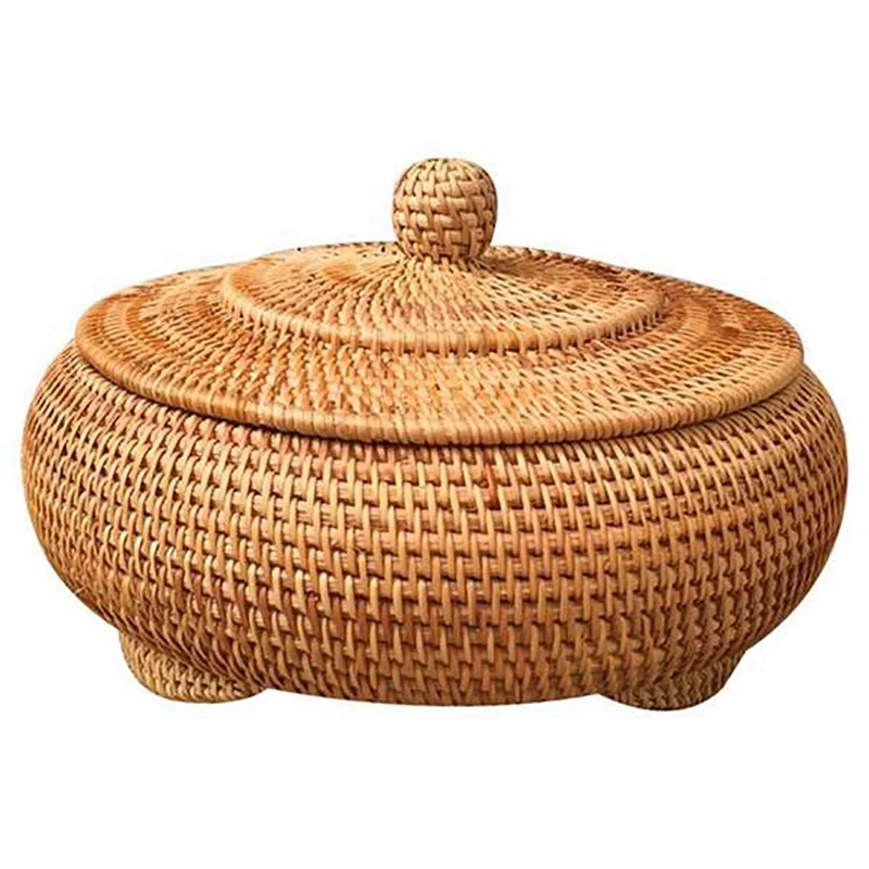 

Storage Basket Hand-Woven Rattan Woven With Cover Round Primary Color Chinese Jewelry Snacks Tea Set Storage Case