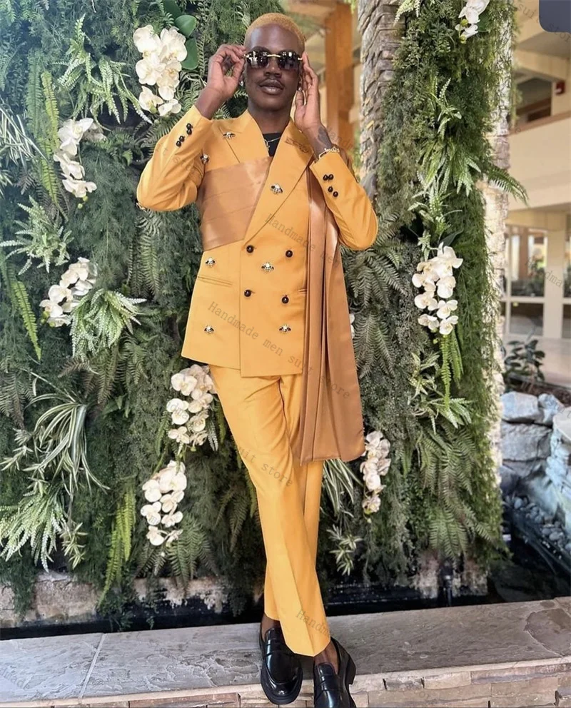 

Yellow Men Suit Set 2 Piece Beaded Blazer+Pants Groom Wedding Tuxedos Coat Cotton Customized Formal Office Business Jacket