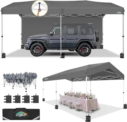 10x20 Pop up Canopy Portable Garage with 1-Button Push Center Lock,Car Port Garage with 2 Sidewalls UV Resistant Waterproof
