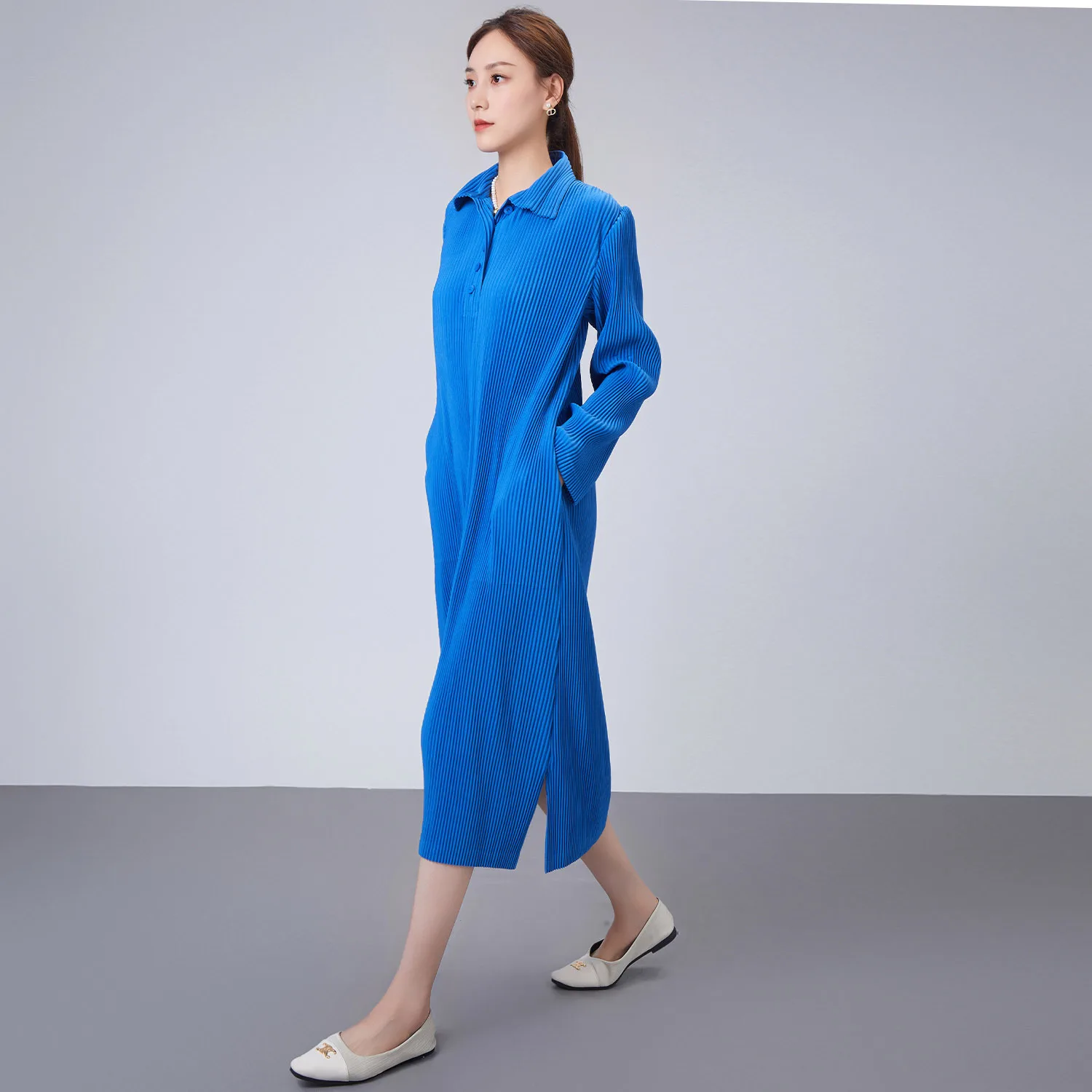 Miyake Pleated Spring and Autumn Season Long Dress for Women's Loose and Simple Casual Style Design Sense Shirt Skirt