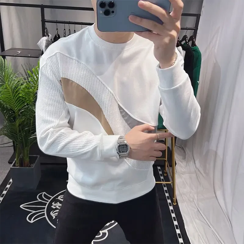 Male Clothes Sweatshirts T Shirts for Men Spliced Tops Pullover Korean Autumn Regular Fit Cotton Streetwear F Size S One Piece A