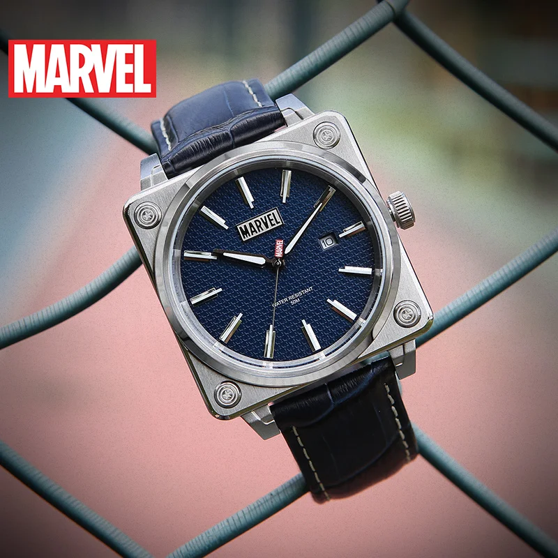 MARVEL Original Men Rectangle Stainless Steel Quartz Wristwatch The Avengers Date Coated Glass Luminous Male Relogio Masculino