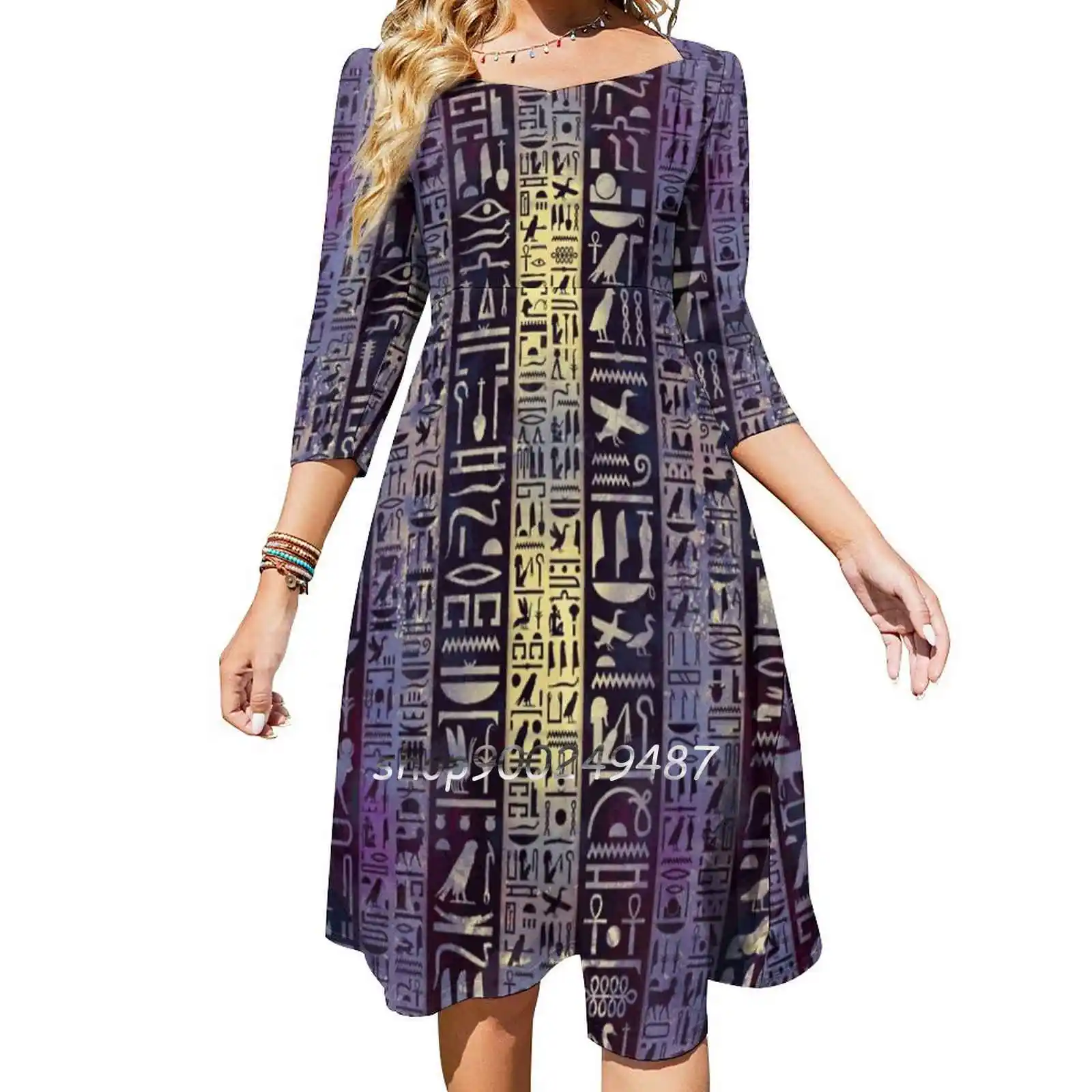 Egyptian Hieroglyphs On Purple Violet Painted Texture Sweetheart Knot Flared Dress Fashion Design Large Size Loose Dress