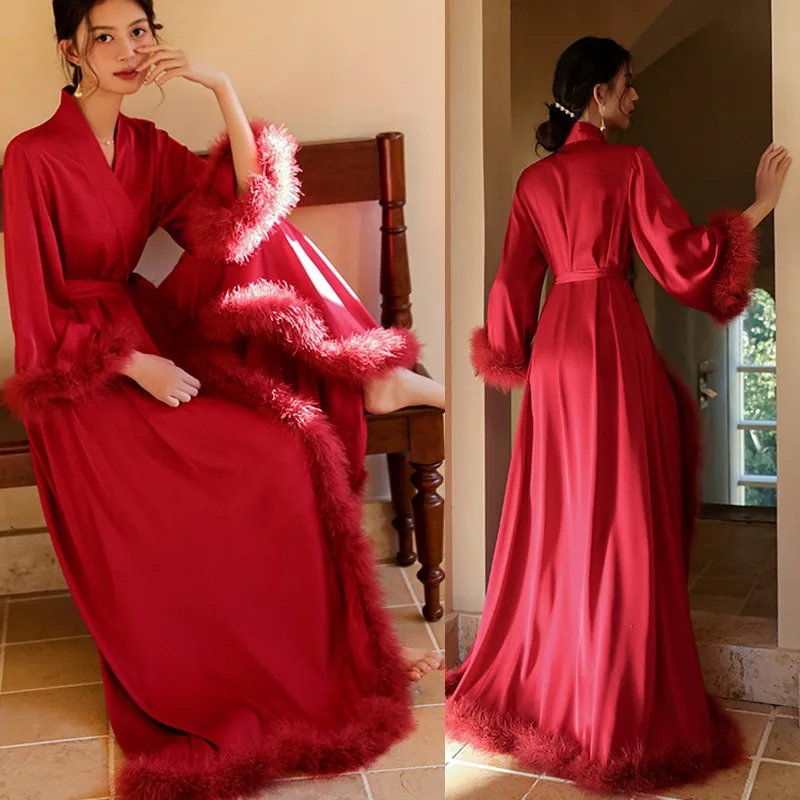 

Luxury Women Satin Home Dressing Gown Intimate Lingerie Feather Bride Wedding Floor Length Robe Casual Sleepwear KimonoNightwear