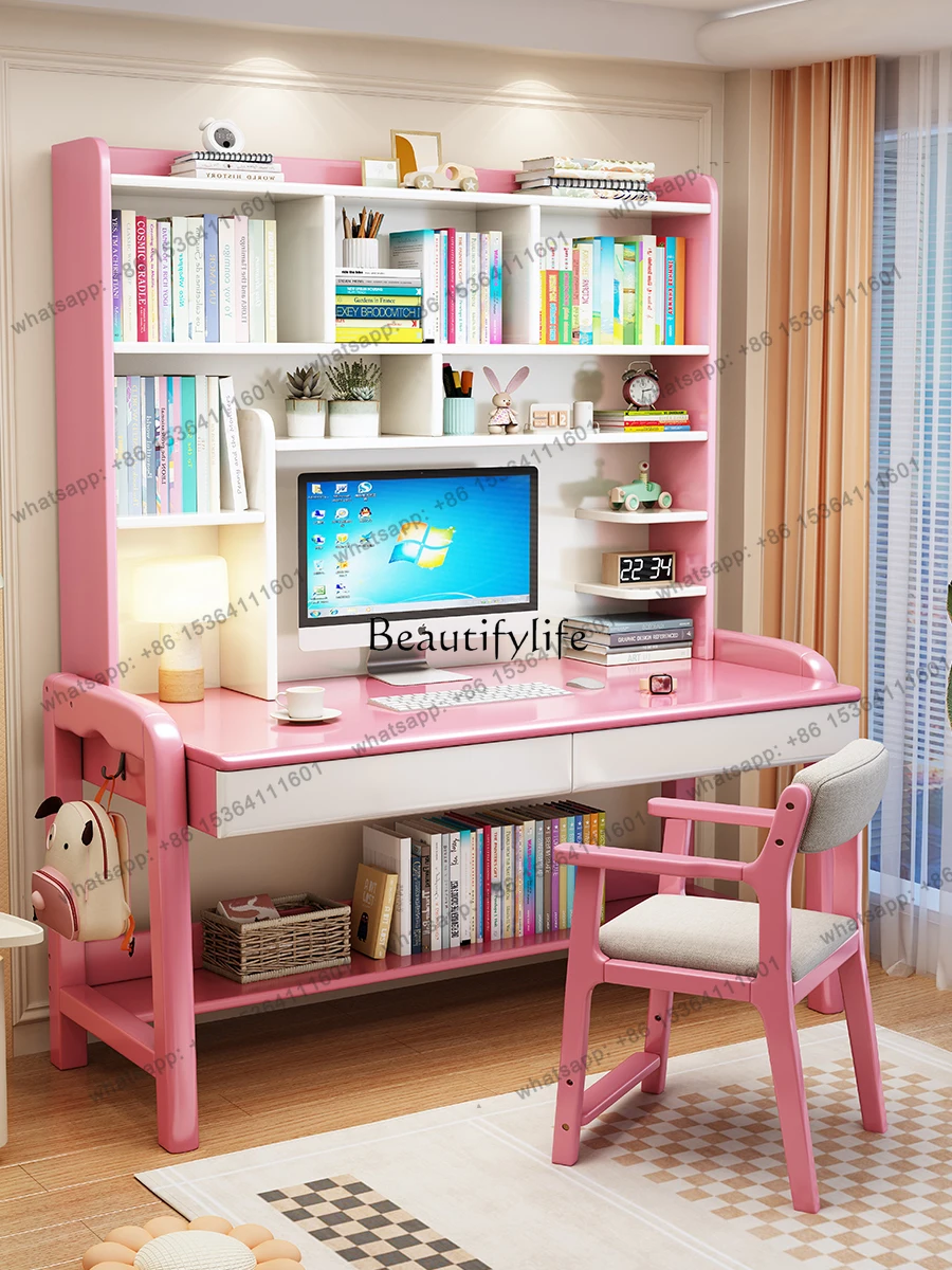 X4 Solid wood study table Bedroom can be lifted and lowered Student writing table Study room with bookshelf Simple