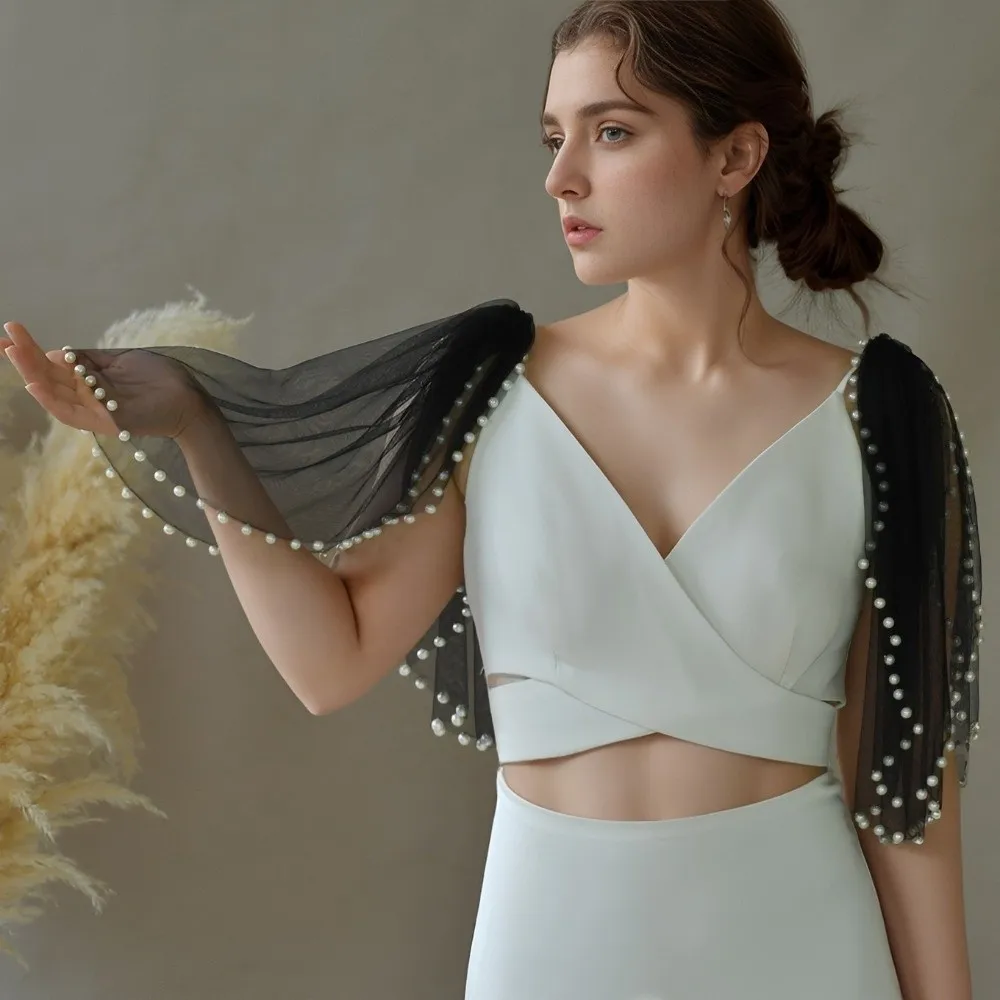 

Detachable Design Lightweight Tulle Cape Short Length Beaded Bridal Pearl DIY Shawl Winged Shape Korean Style False Sleeves
