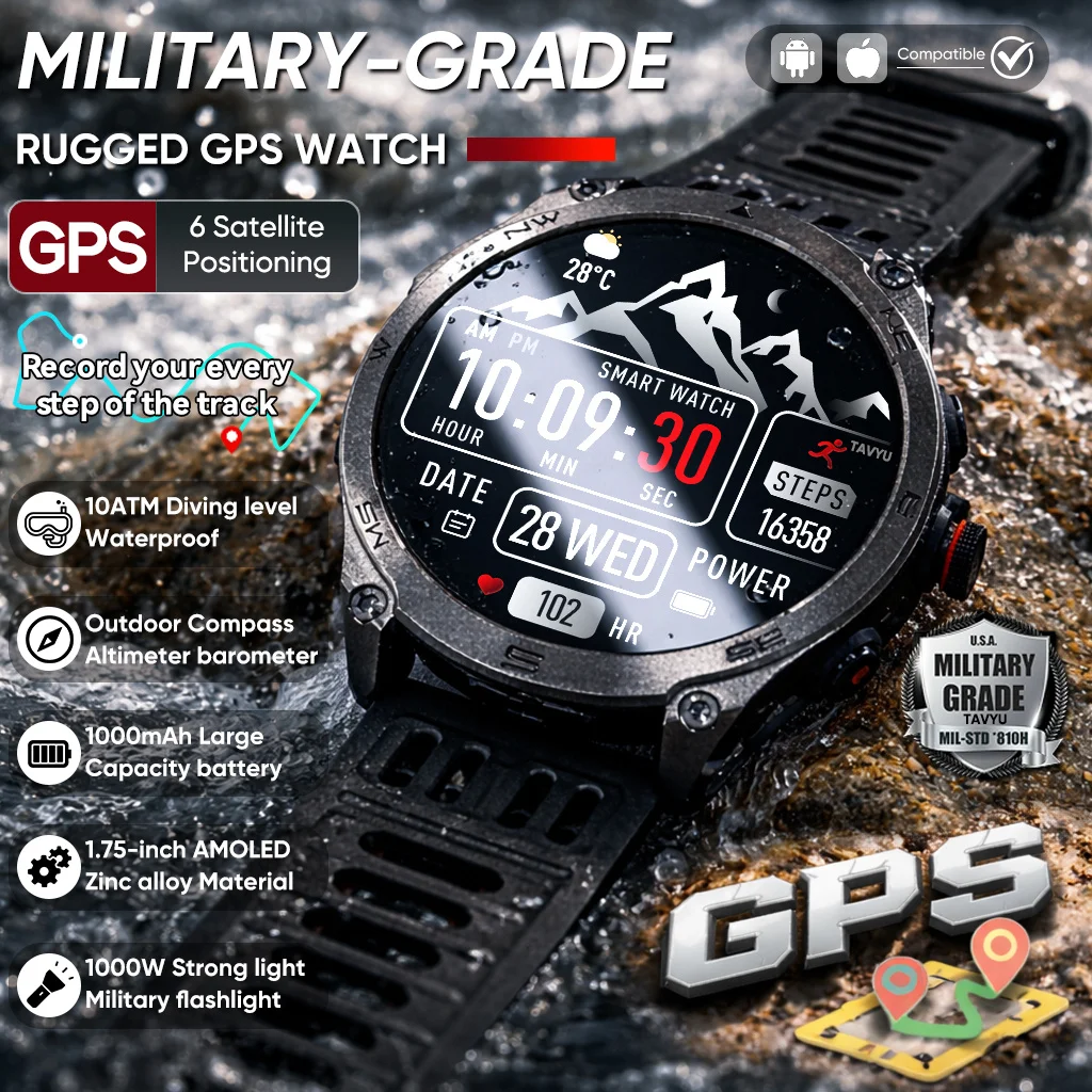 2026 New Military GPS Smart Watch 6 Satellites System 10ATM Waterproof Compass 1.75