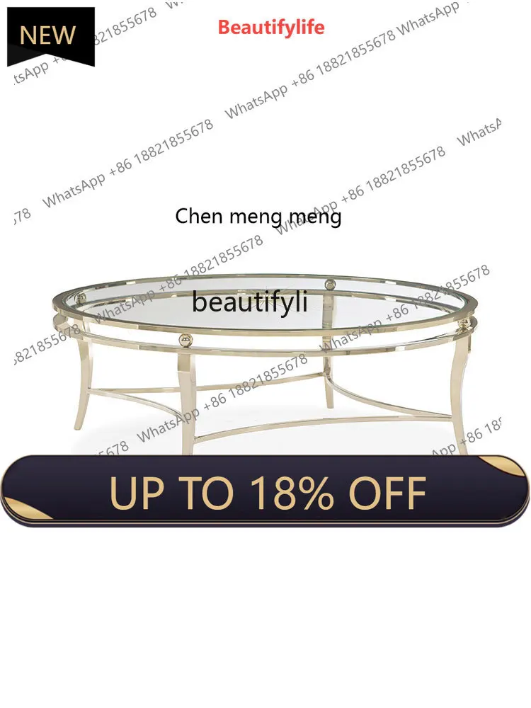

P178 American Light Luxury round Glass Coffee Table Modern Simple Stainless Steel Short French Large round Coffee Table