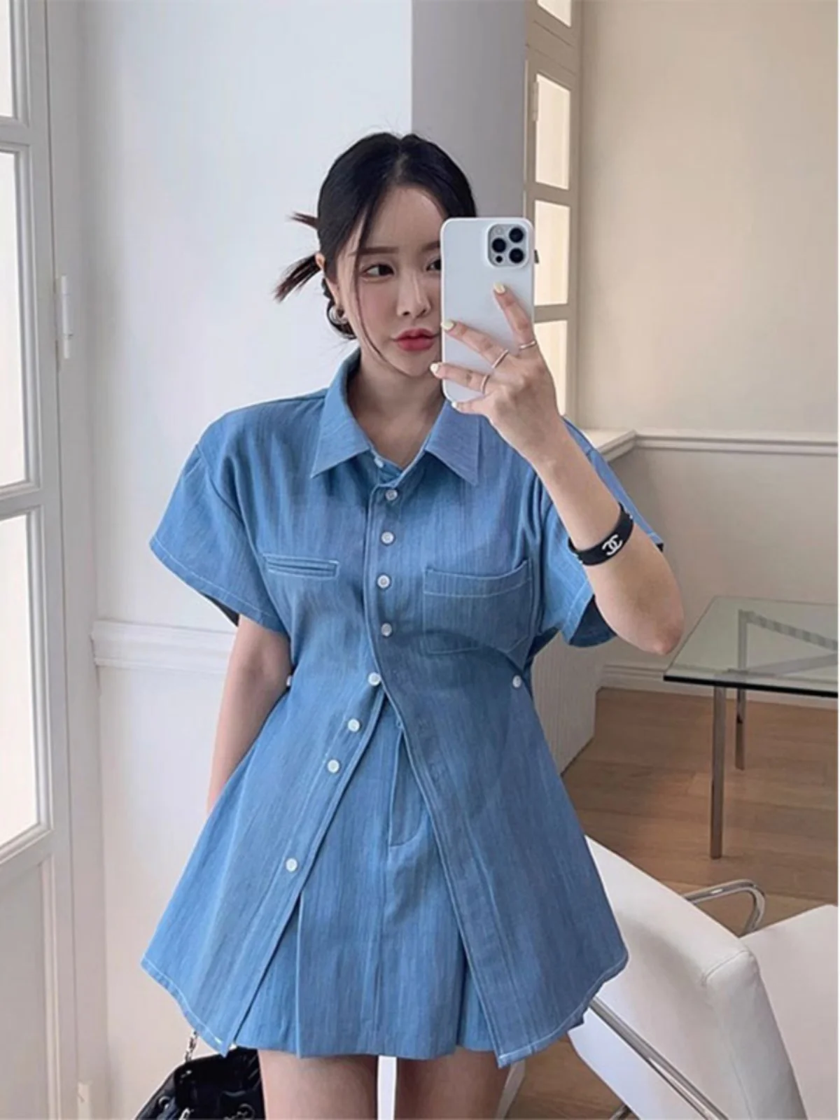 

Retro Flir Denim Set ort Sve Midi Skirt High Waist Pleated Skirt Two Piece Set Women's Faion Summer Outfit