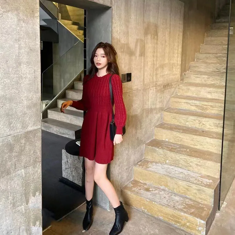 Autumn Winter Twist Knitted Dress Korean Solid O Neck Loose Long Sleeves A Line Dress Vintage Casual Warm Pullover Sweater Dress