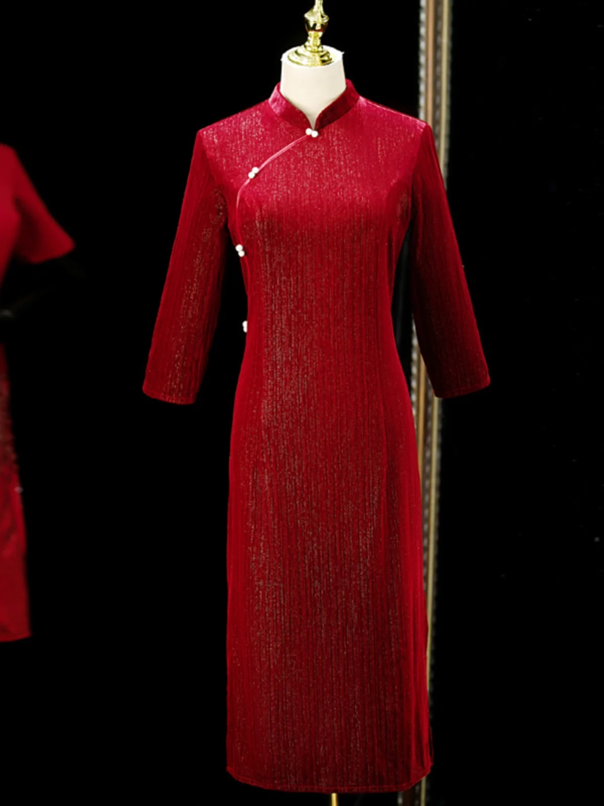 

Ele Red Qipao Wedding Dr for Mother of the om Large Size Wedding Ceremony Evening Gown Long Sve Velvet Polyester