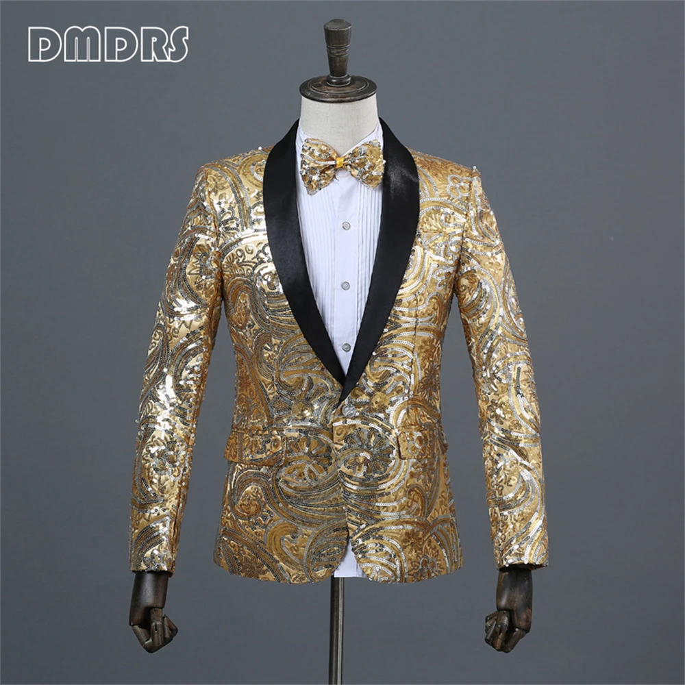 Gold  Sequined Costume Suit Blazer For Men With Bow-tie Shawl Neck Fashion Men's Suit Jacket  For Wedding Prom Party