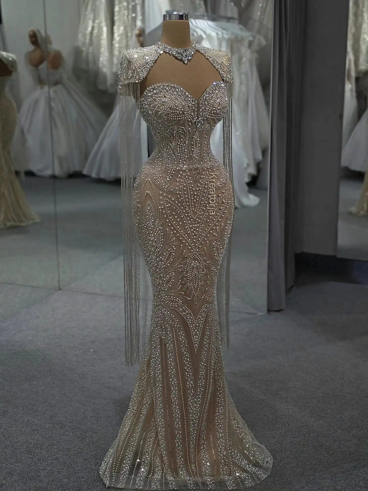 Nude Champagne Sequin Mermaid Evening Dress with Long Tassel Fully Beads Formal Gown Dubai Wedding Guest Party Dress Customized