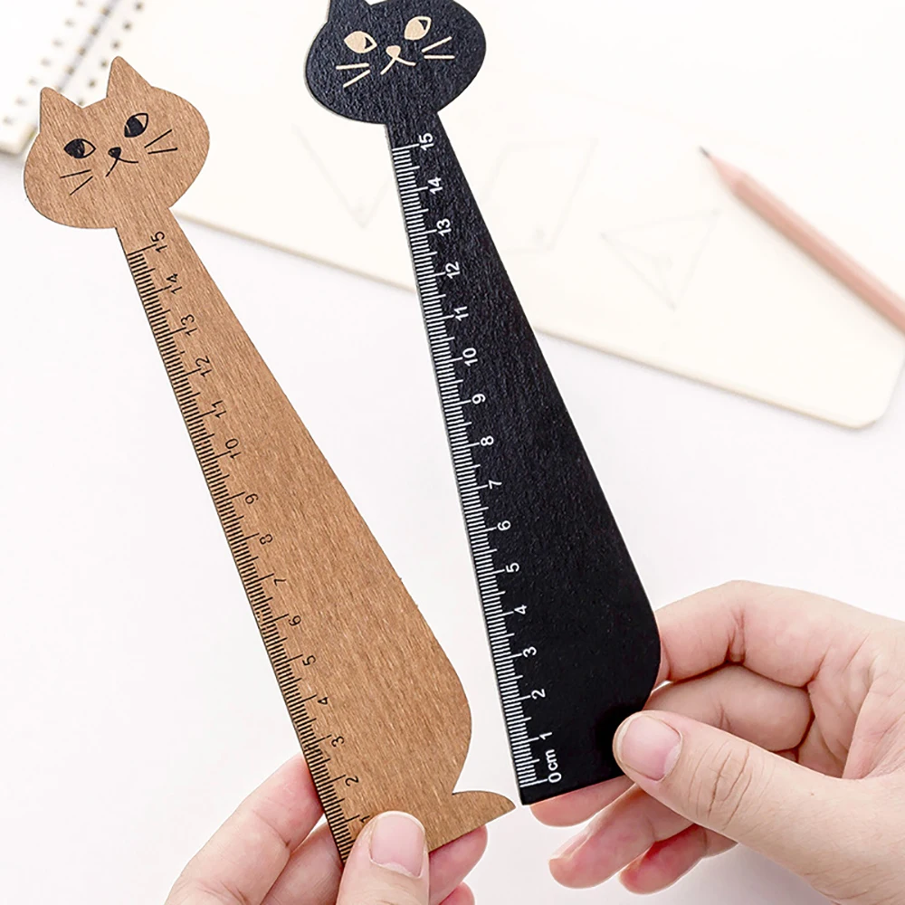 2PCS 15cm Cute Cat Straight Ruler Wooden Kawaii Measuring Tools Cartoon Drawing Gift Funny Korean Office School Stationery Gift