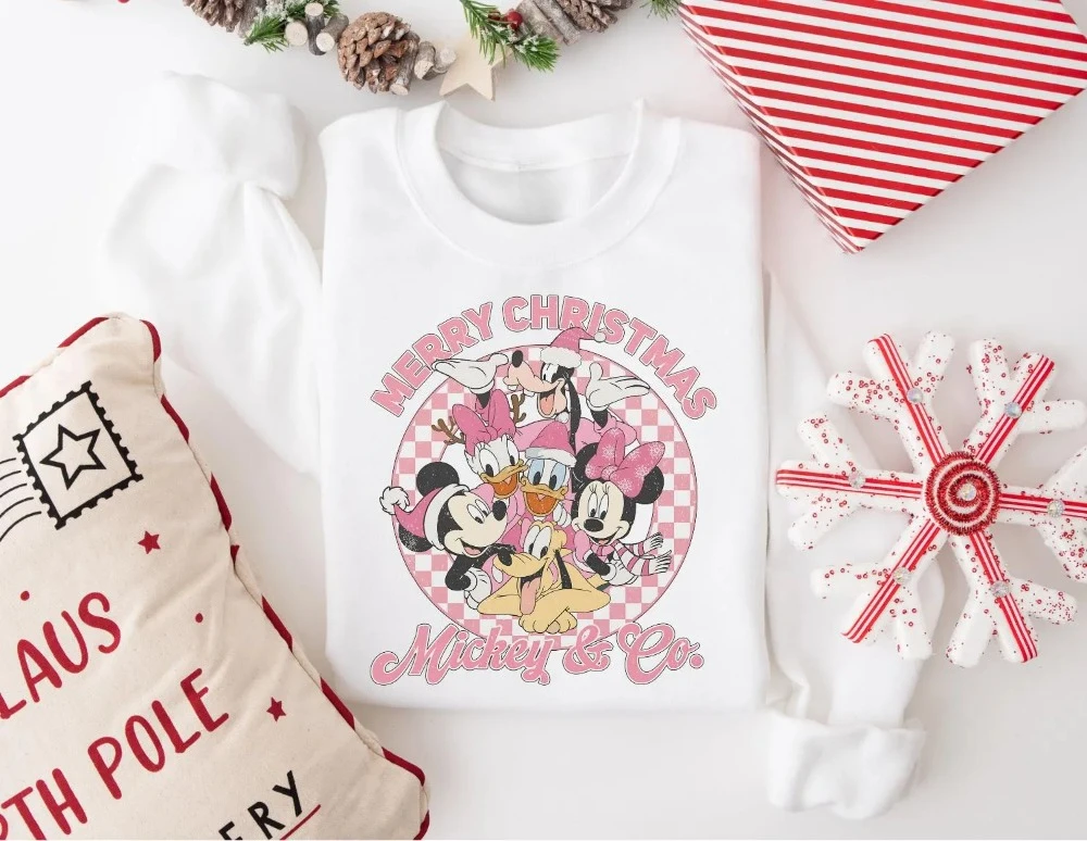 سويت شيرت وردي ميكي آند فريندز ديزني لعيد الميلاد من ديزني لاند هدية عيد الميلاد لمحبي ديزني عرق للفتيات #2