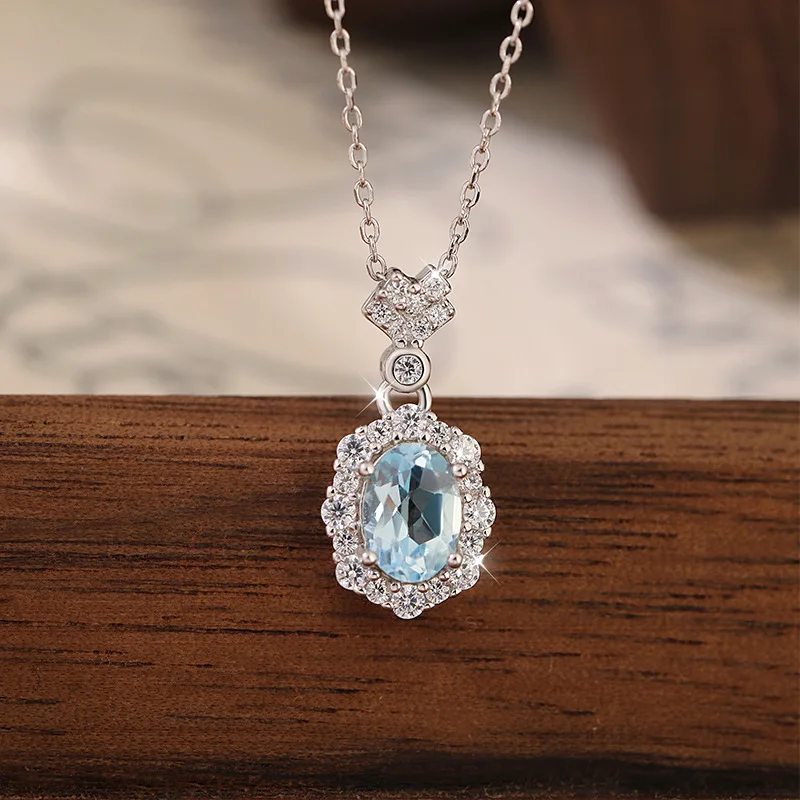 

S925 Sterling Silver Necklace for Women Set with Natural Aquamarine Pendant A Light Luxury Korean Ins Style High-end Necklace