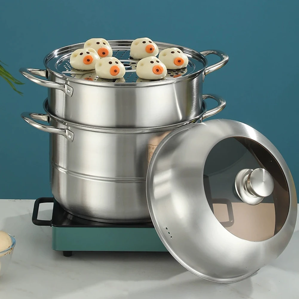 

Stainless Steel Steamer Cooker 3 Layer Soup Steam Pot with Steamer Basket Stockpot Cookware for Kitchen Cooking