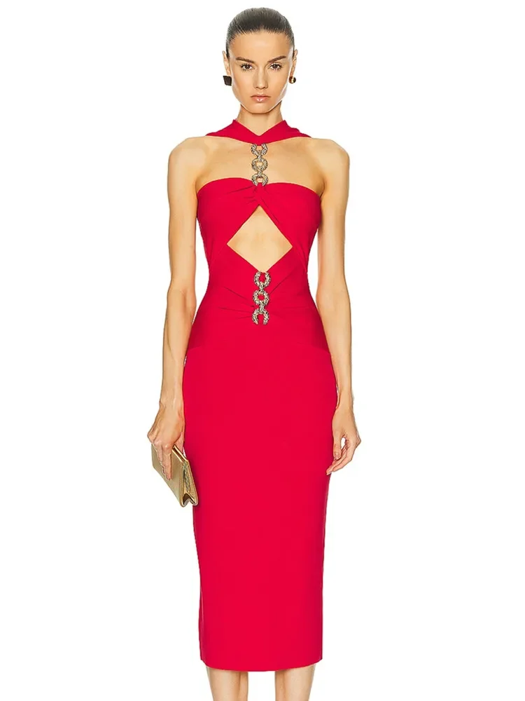 2024 New Designer Summer Red Bandage Party Dress Women Elegant Sexy Cut Out Knee Length Celebrity Evening Club Party Gowns