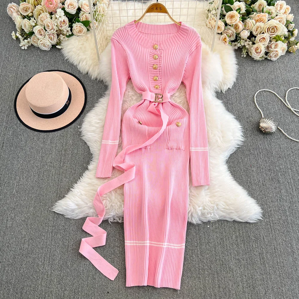 Chic Slim Long Sleeve O-neck Knit Dress High Street Vintage Single Breasted Slim Evening Korean Women Autumn Winter Clothing