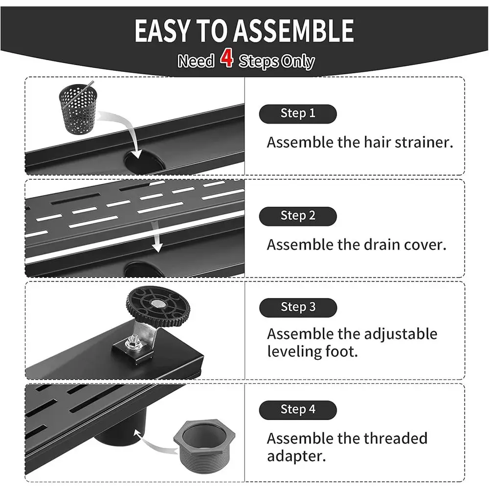 Ralo de Chuveiro Preto Fosco de 32 Polegadas com Grelha Removível, Ralo Embutido de Aço Inoxidável, Inclui Cesto Coletor de Cabelos
